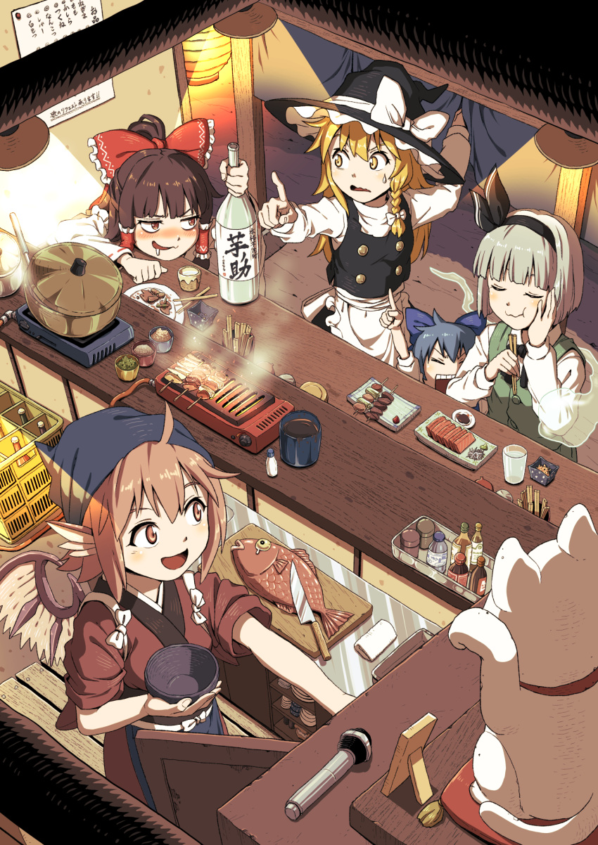 5girls animal_ears apron bird_ears bird_wings black_hairband black_headwear black_vest blonde_hair blue_bow blue_hair blue_headwear blush bottle bow braid brown_eyes brown_hair brown_kimono cirno closed_eyes closed_mouth cup drinking_glass drooling eating fish food food_stand green_vest hair_bow hair_tubes hairband hakurei_reimu hat hat_bow head_scarf highres holding holding_bottle index_finger_raised inuno_rakugaki japanese_clothes kimono kirisame_marisa knife konpaku_youmu konpaku_youmu_(ghost) long_hair long_sleeves maneki-neko microphone multiple_girls mystia_lorelei nontraditional_miko okamisty open_mouth pink_eyes pink_hair red_bow sake_bottle short_hair sidelocks single_braid smile touhou vest waist_apron water white_apron white_bow white_hair white_wings wings witch_hat yatai yellow_eyes