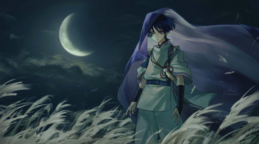 1boy armor arms_at_sides artist_name bangs black_ribbon blue_bow blue_hair blunt_ends bow closed_mouth cloud commentary crescent_moon dark_blue_hair eyeshadow field genshin_impact highres japanese_armor japanese_clothes kote kurokote looking_at_viewer makeup male_focus moon night night_sky outdoors pants parted_bangs pom_pom_(clothes) purple_eyes purple_shirt red_eyeshadow red_ribbon ribbon scaramouche_(genshin_impact) scaramouche_(kabukimono)_(genshin_impact) serious shirt short_hair short_sleeves sidelocks signature sky solo standing tassel uglykao veil vest white_pants white_vest wide_sleeves