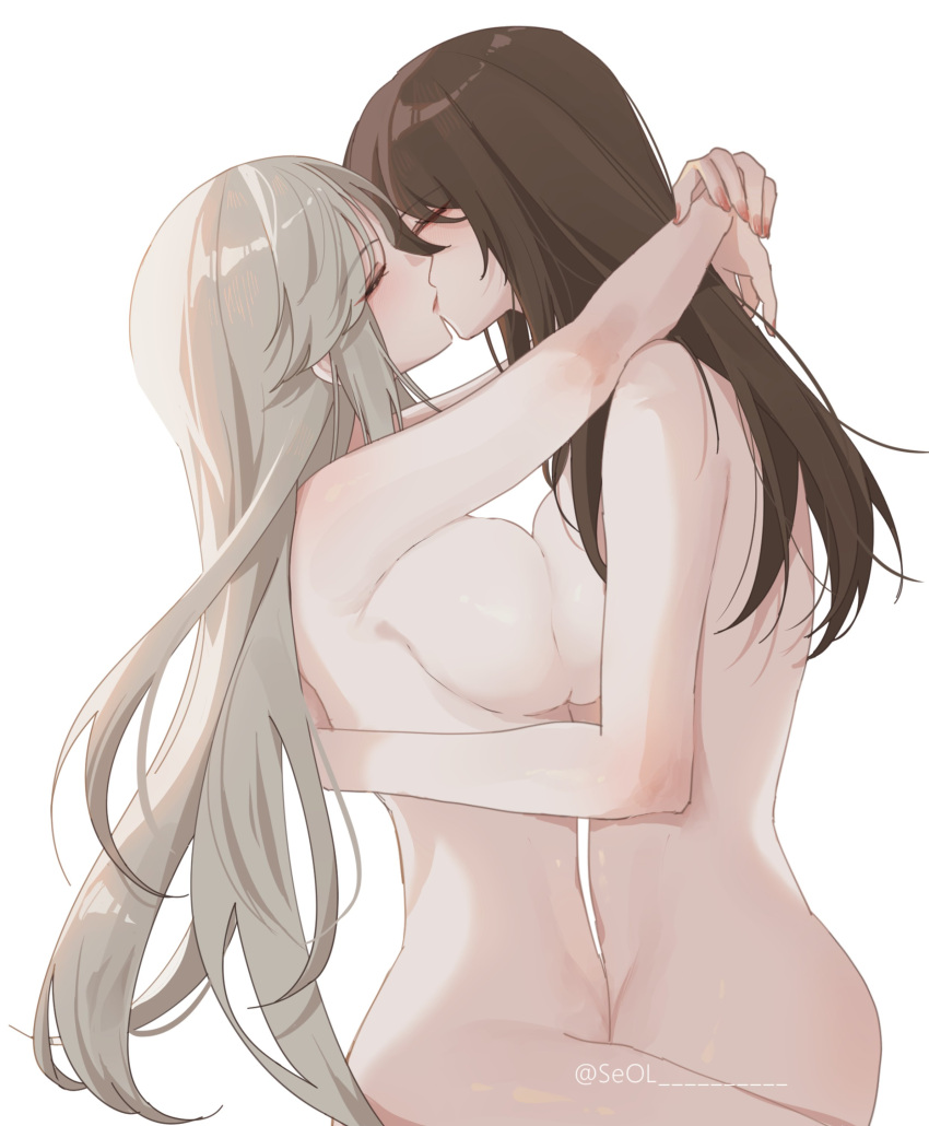 2girls absurdres arm_around_neck baconontheclock beidou_(genshin_impact) blush breast_press breasts brown_hair closed_eyes completely_nude from_side genshin_impact grey_hair hair_down hand_on_another's_back highres hug kiss large_breasts long_hair multiple_girls ningguang_(genshin_impact) nude simple_background twitter_username white_background yuri
