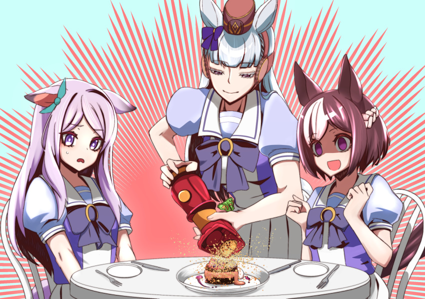 3girls animal_ears brown_hair empty_eyes getumentour gold_ship_(umamusume) gourmet_spicer hat highres horse_ears horse_girl long_hair mejiro_mcqueen_(umamusume) meme multicolored_hair multiple_girls pink_hair puffy_short_sleeves puffy_sleeves purple_eyes school_uniform shaded_face short_hair short_sleeves simple_background sitting special_week_(umamusume) streaked_hair toriko_(series) tracen_school_uniform two-tone_hair umamusume white_hair