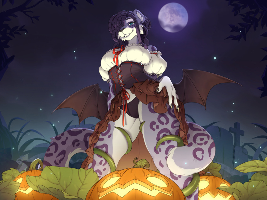 anthro bat_wings big_breasts breasts clothing corset costume domestic_cat dreadlocks felid feline felis female food fruit halloween hi_res holidays legend_of_ahya leopard lingerie looking_at_viewer mammal membrane_(anatomy) membranous_wings moon natalia_ruyemov_(darkflamewolf) night pantherine panties plant pumpkin snow_leopard solo spread_wings starscape topwear underwear vines wings zilya-lya