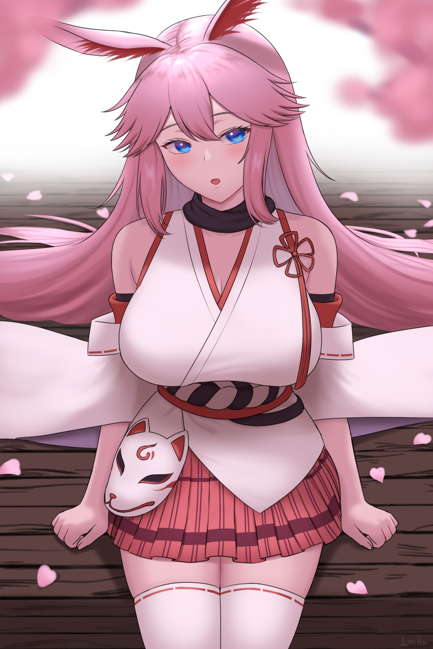 1girl 1nilla' :o absurdres animal_ears bangs bare_shoulders blue_eyes blurry blurry_foreground blush breasts cleavage fox_ears fox_mask highres honkai_(series) honkai_impact_3rd japanese_clothes kimono large_breasts long_hair looking_at_viewer mask miko nontraditional_miko open_mouth petals pink_skirt short_kimono sitting skirt solo thighhighs white_kimono white_sleeves white_thighhighs wooden_floor yae_sakura yae_sakura_(gyakushinn_miko) zettai_ryouiki