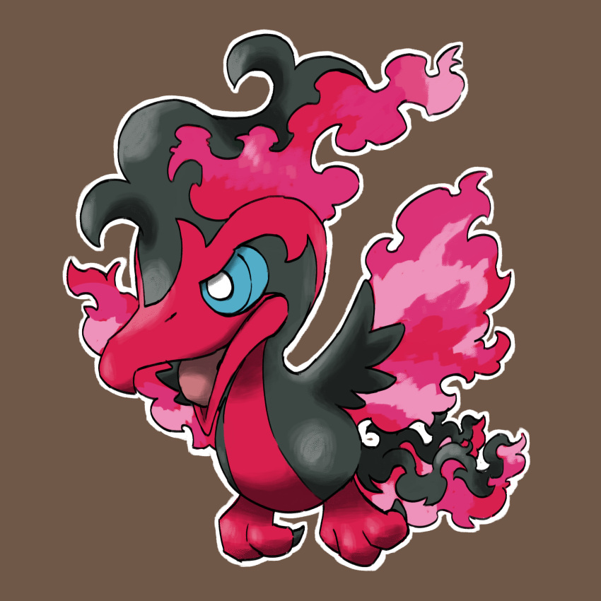 animal_focus bird black_hair blacknirrow blue_eyes blue_sclera bright_pupils brown_background chibi claws colored_sclera commentary english_commentary fiery_hair fiery_wings full_body galarian_moltres highres looking_to_the_side multicolored_hair no_humans open_mouth outline pokemon pokemon_(creature) red_hair solo tongue two-tone_hair white_outline white_pupils wings