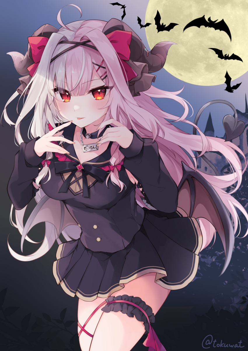 1girl :p airy_production animal bangs bat_(animal) black_shirt black_skirt bow brown_wings castle chain closed_mouth commentary_request commission demon_girl demon_horns demon_tail demon_wings fukunoki_tokuwa full_moon grey_hair hair_between_eyes hair_bow hair_ornament hairclip hands_up highres horns long_hair long_sleeves low_wings lucifer_poi moon multicolored_hair pink_hair pleated_skirt puffy_long_sleeves puffy_sleeves red_bow red_eyes shirt sidelocks skeb_commission skirt sleeves_past_wrists smile solo tail tongue tongue_out tower translation_request twitter_username two-tone_hair very_long_hair virtual_youtuber wings x_hair_ornament