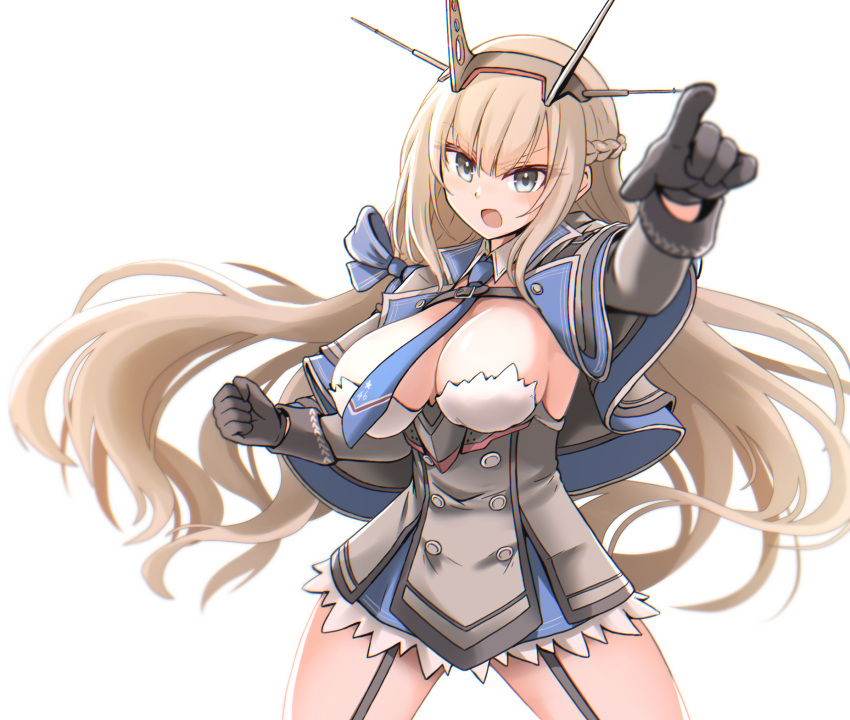 1girl black_gloves blonde_hair blue_necktie breasts cleavage garter_straps gloves grey_eyes headgear highres kantai_collection large_breasts long_hair long_sleeves looking_at_viewer maryland_(kancolle) necktie pointing pointing_at_viewer simple_background solo suke_(share_koube) very_long_hair white_background