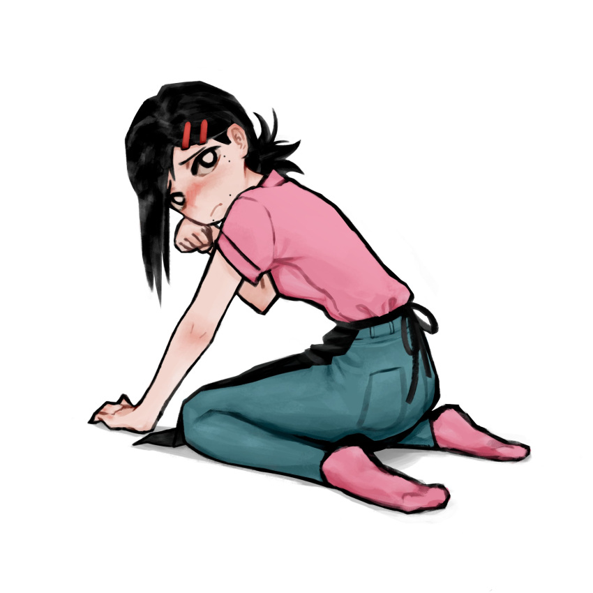 1girl absurdres apron black_apron black_hair chainsaw_man collared_shirt gurumo_(twitter) hair_ornament hairclip higashiyama_kobeni highres hunched_over kneeling looking_at_viewer looking_back mole mole_under_eye mole_under_mouth multiple_moles nyan pink_shirt pink_socks seiza shirt short_ponytail simple_background single_sidelock sitting socks solo waist_apron white_background