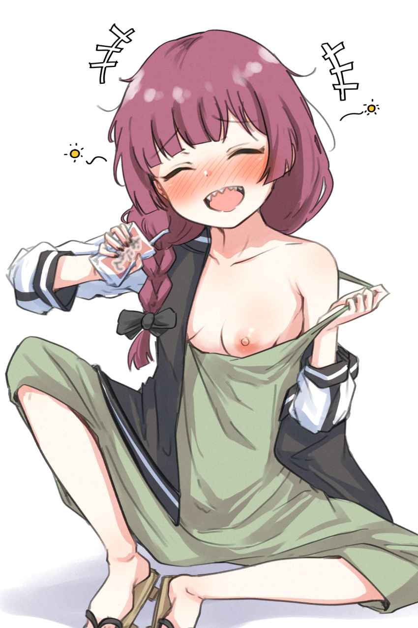 1girl :d bangs black_jacket blunt_bangs blush bocchi_the_rock! braid braided_ponytail breasts closed_eyes dress drinking drinking_straw drunk green_dress highres hiroi_kikuri jacket machismo_fuji nipples one_breast_out open_mouth pulled_by_self sandals sharp_teeth sitting small_breasts smile solo teeth upper_teeth_only white_sleeves