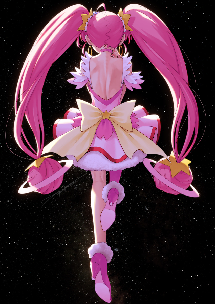 1girl absurdres back bare_back choker cure_star from_behind full_body highres hoshina_hikaru kazuma_muramasa long_hair magical_girl pantyhose pink_choker pink_footwear pink_hair pink_pantyhose pink_skirt precure single_leg_pantyhose skirt sky solo star_(sky) star_twinkle_precure starry_sky twintails