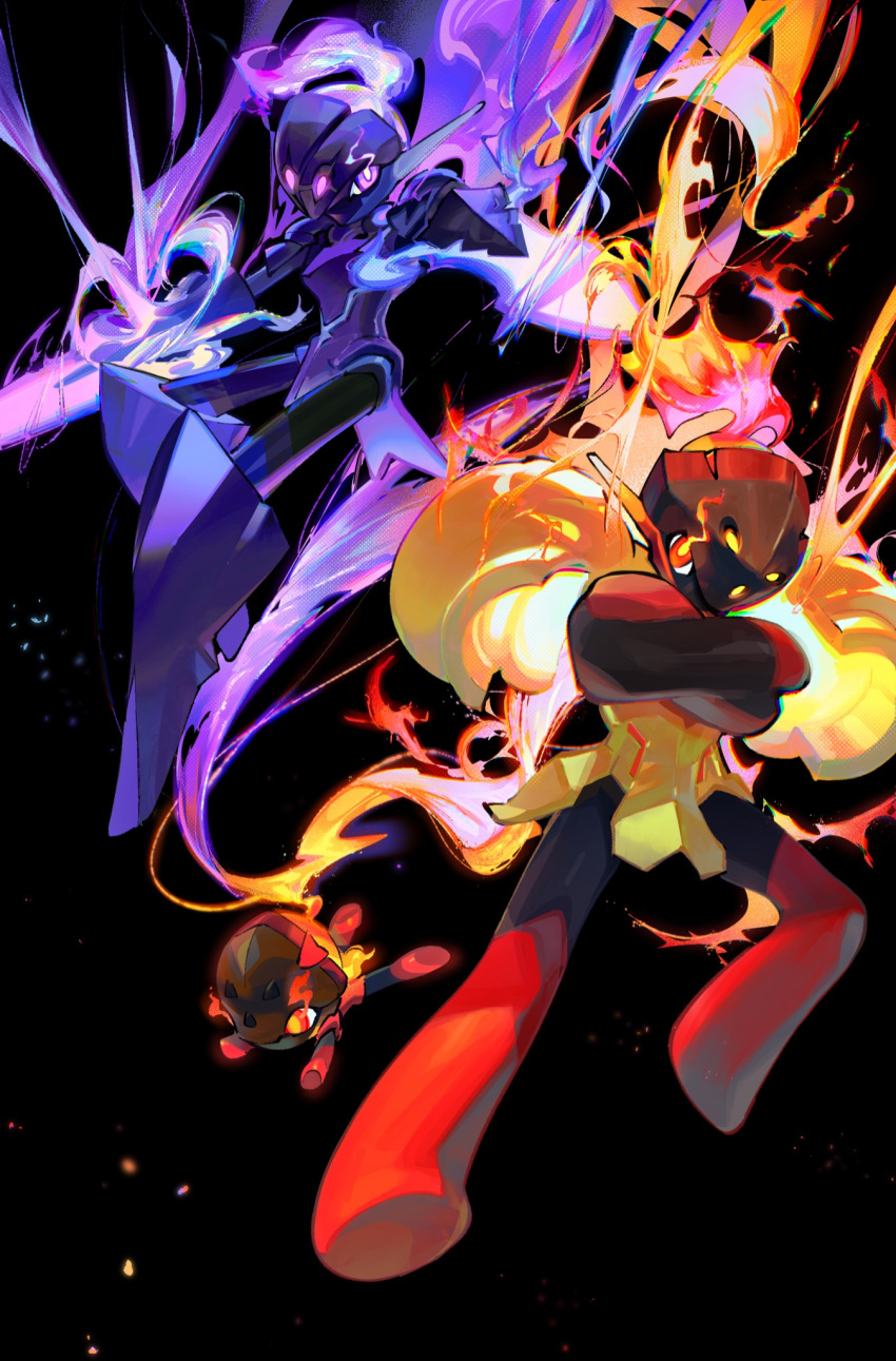 3others arm_blade armarouge armor black_background black_headwear ceruledge charcadet crossed_arms eye_trail fire highres km_(ksolee1201) light_trail looking_at_viewer multiple_others pokemon pokemon_(creature) pokemon_(game) pokemon_sv purple_armor purple_eyes purple_fire red_eyes shoulder_armor weapon yellow_armor