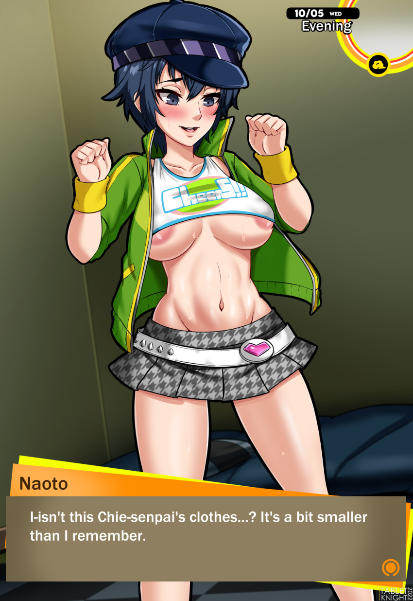 1girl :d areola_slip artist_name bangs blue_eyes blue_hair blush breasts cabbie_hat clenched_hands collarbone commentary cosplay cowboy_shot crop_top dialogue_box english_text fake_screenshot green_jacket grey_eyes grey_skirt groin hair_between_eyes hands_up hat highres indoors jacket large_breasts miniskirt navel open_clothes open_jacket open_mouth persona persona_4 plaid plaid_skirt pleated_skirt satonaka_chie satonaka_chie_(cosplay) shirogane_naoto shirt short_hair sidelocks skirt smile solo standing stomach sweat tabletknight teeth track_jacket underboob undersized_clothes upper_teeth_only user_interface white_jacket white_shirt wristband