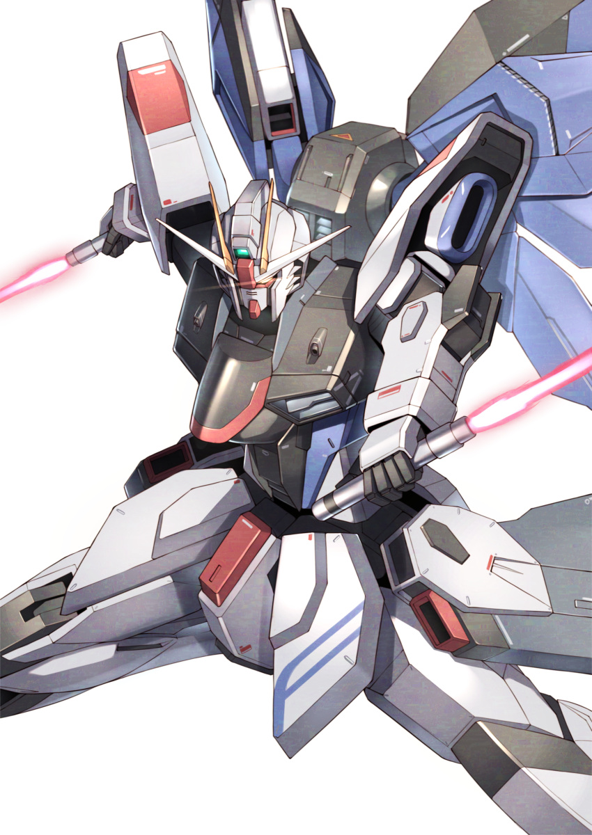absurdres beam_saber commentary dual_wielding freedom_gundam glowing glowing_eye gundam gundam_seed highres holding holding_sword holding_weapon looking_down mecha mechanical_wings mobile_suit no_humans robot science_fiction solo sword takahashi_masaki v-fin weapon white_background wings yellow_eyes