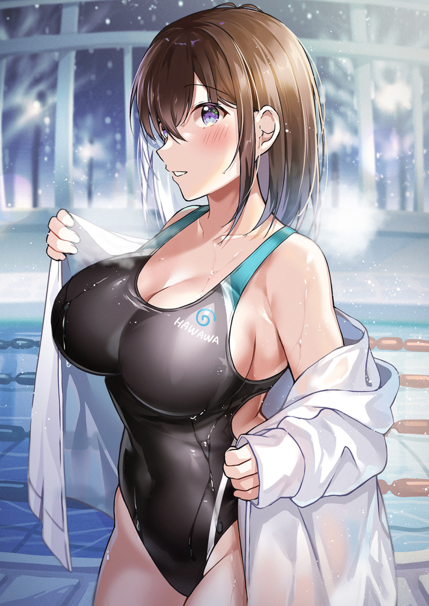 1girl blue_eyes breasts brown_hair commentary_request competition_swimsuit cowboy_shot highres indoors jacket large_breasts looking_at_viewer one-piece_swimsuit open_clothes open_jacket original profile shiro_kuma_shake short_hair snow solo standing swimsuit wet wet_clothes wet_swimsuit white_jacket window