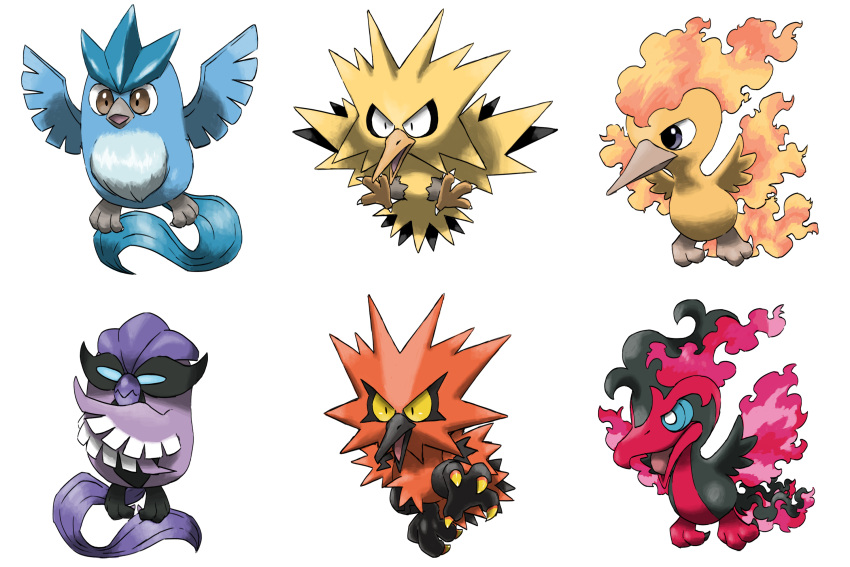 animal_focus articuno bird black_eyes black_hair blacknirrow blank_eyes blue_eyes blue_sclera bright_pupils brown_eyes chibi claws closed_mouth colored_sclera commentary constricted_pupils crossed_arms english_commentary fiery_hair fiery_wings full_body galarian_articuno galarian_moltres galarian_zapdos grey_eyes highres leg_up looking_to_the_side moltres multicolored_hair no_humans open_mouth pokemon pokemon_(creature) purple_hair red_hair short_hair tongue two-tone_hair white_background white_pupils wings yellow_sclera zapdos