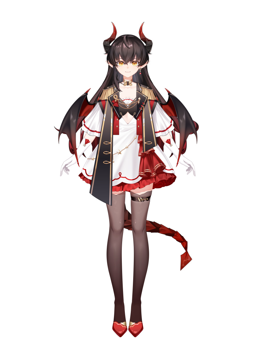 1girl absurdres award_ribbon black_hair black_thighhighs choker dragon_girl dragon_horns dragon_tail dragon_wings dress earrings epaulettes full_body gloves highres horns inferno_(vtuber) jewelry long_hair nebula_beat official_art pointy_ears red_dress red_footwear short_dress single_earring smile solo standing star_(symbol) star_earrings tail thighhighs thighlet transparent_background two-tone_dress virtual_youtuber white_dress white_gloves wings yellow_choker yellow_eyes