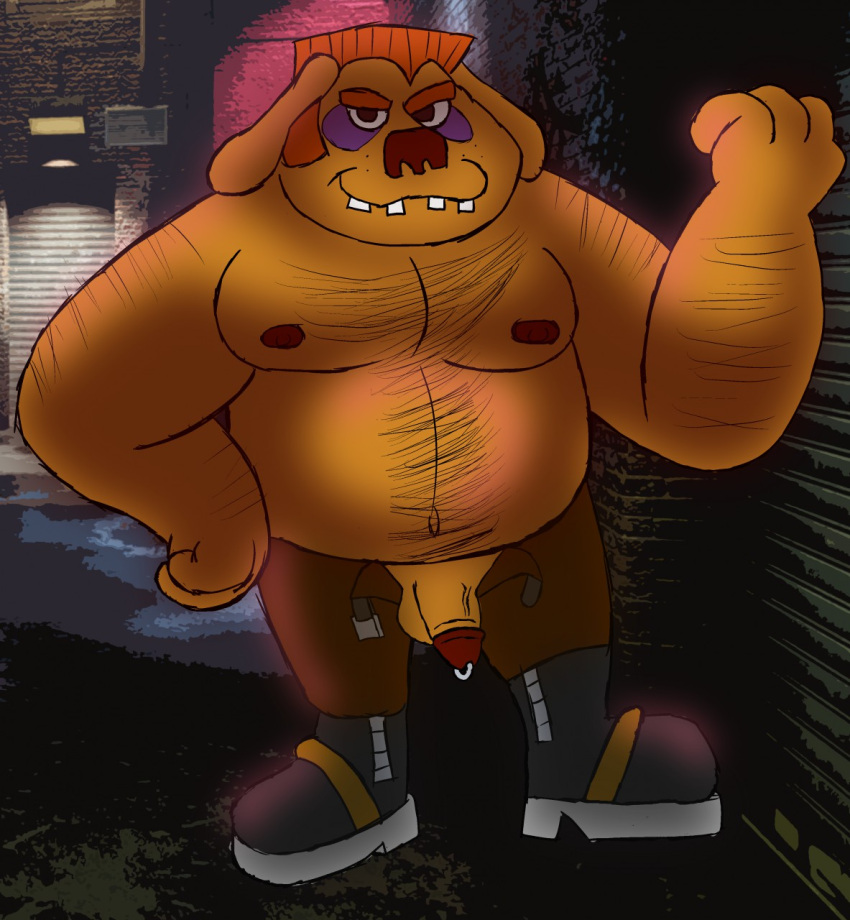 alley anthro boots bottomwear catdog_(series) cliff_feltbottom clothed clothing flashing footwear genital_piercing genitals hi_res looking_at_viewer male navel nickelodeon nipples open_bottomwear open_clothing open_pants pants penis penis_piercing piercing prince_albert_piercing rvroovie99 solo topless