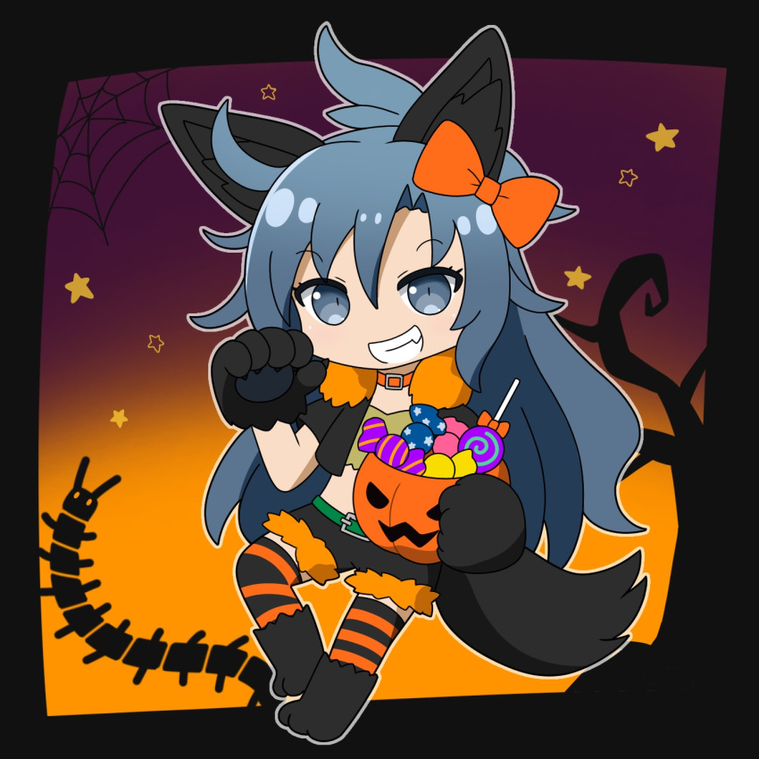 1girl animal_ears animal_hands bangs bare_tree black_border black_shorts black_vest border bow bug candy centipede fang food full_body fur_trim gradient gradient_background grey_eyes grey_hair grin hair_bow halloween halloween_bucket halloween_costume highres himemushi_momoyo jack-o'-lantern lollipop long_hair looking_at_viewer messy_hair orange_bow rizleting shorts silk smile solo spider_web star_(symbol) striped striped_thighhighs tail thighhighs touhou tree vest