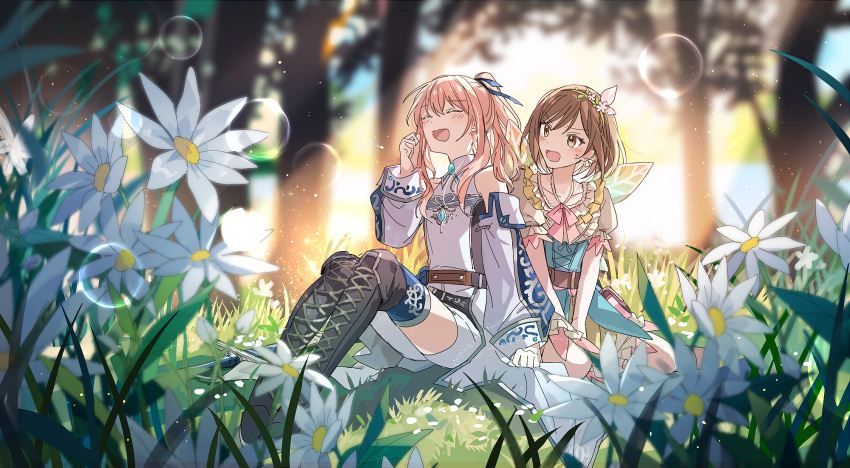 1girl 1other akiyama_mizuki belt black_footwear blue_bow boots bow brown_eyes brown_hair cross-laced_footwear detached_sleeves dress fairy_wings field flower flower_field forest grass hair_bow highres kaesmedubu kaitou_shinshi_no_harahara!?_white_day_(project_sekai) long_hair long_sleeves nature pink_hair ponytail project_sekai shinonome_ena shirt short_hair shorts side_ponytail thigh_boots tree white_flower white_shirt white_shorts wings