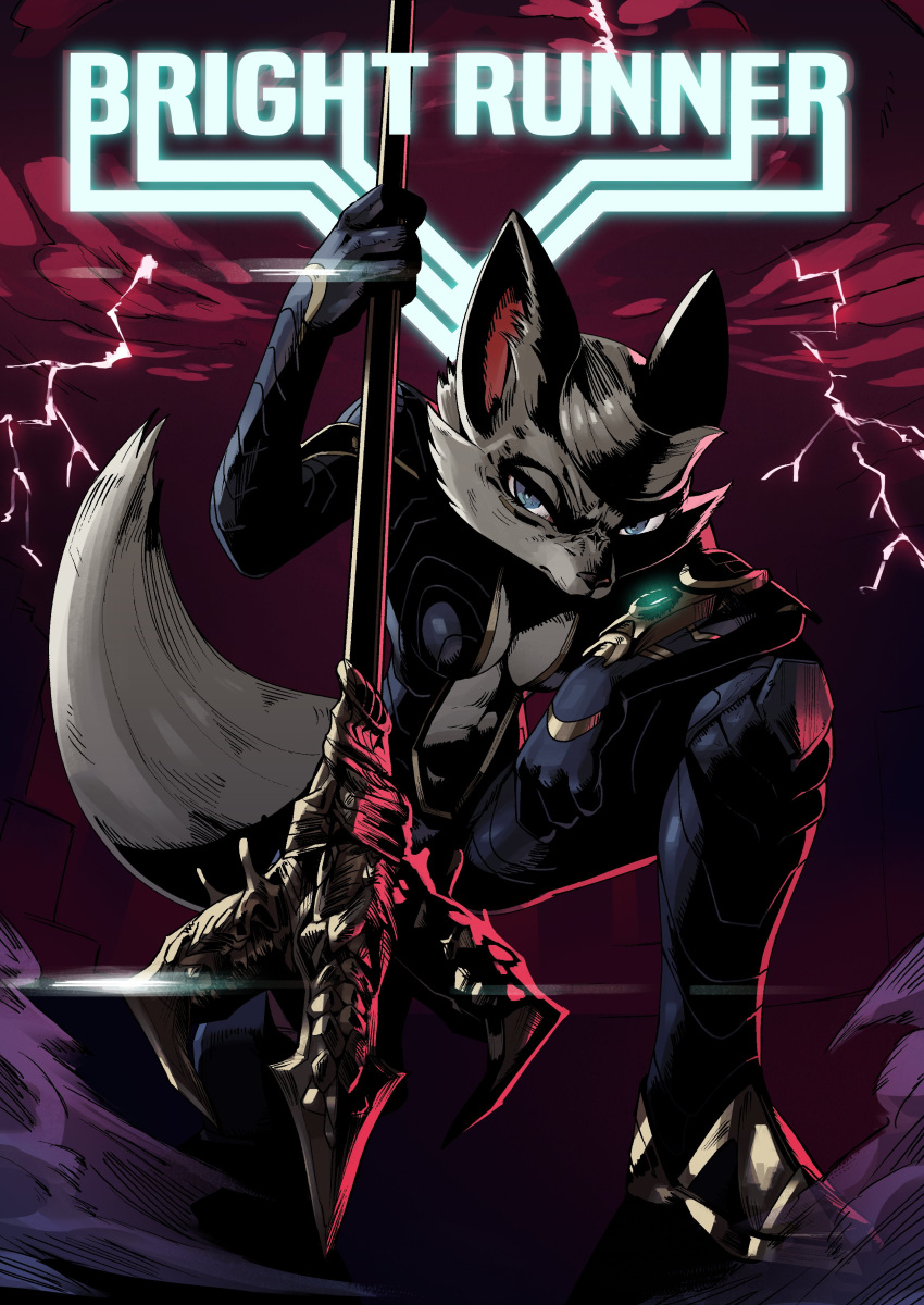absurd_res anthro armor blue_eyes breasts canid canine canis cheek_tuft clothed clothing crown_(kemokin_mania) digital_media_(artwork) english_text eyelashes facial_tuft female fingers fox fur hair hi_res holding_object kemokin_mania kneeling lightning looking_at_viewer mammal melee_weapon open_clothing polearm skinsuit solo text tight_clothing trident tuft weapon white_body white_fur white_hair