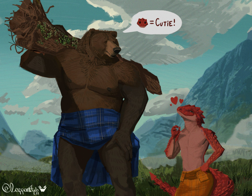 &lt;3 2022 anthro bear bottomwear bottomwear_only brown_bear brown_body brown_fur clothed clothing cloud compliment countershading digital_media_(artwork) digital_painting_(artwork) duo english_text field fur grass grizzly_bear hand_on_hip hand_on_leg hi_res holding_object kilt lappan lizard log looking_at_another male male/male mammal mountain muscular nipples outside pattern_bottomwear pattern_clothing pecs plaid plaid_bottomwear plaid_clothing plant red_body red_scales reptile scales scalie shirtless signature size_difference sky smile speech_bubble standing text ursine wood