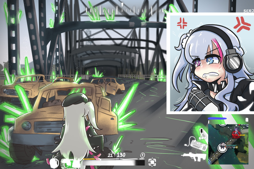 1girl anger_vein beret bridge cellphone desert_tech_mdr flip_phone girls'_frontline girls'_frontline_neural_cloud grey_hair gun hat headphones heterochromia highres holding holding_gun holding_weapon kuro_(girls'_frontline_nc) long_hair map mdr_(girls'_frontline) meme microphone parody pewdiepie's_pubg_livestream_n-word_controversy_(meme) phone pink_hair rifle serjatronic side_ponytail weapon wreckage