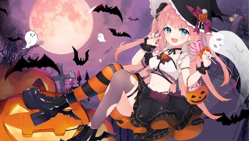 1girl :3 :d akuo_11 asymmetrical_legwear bangs bare_tree bat_(animal) blue_eyes blush boots candy character_request choker claw_pose cloud crop_top cross fang fence flower food frilled_hat frilled_shirt frills full_moon ghost graveyard halloween hat hat_flower hat_ribbon high_heel_boots high_heels highres holding holding_candy holding_food holding_lollipop jack-o'-lantern lollipop long_hair looking_at_viewer midriff mismatched_legwear moon nail_polish navel night open_mouth outdoors pink_hair pumpkin ribbon rose shirt skirt sleeveless sleeveless_shirt smile solo striped striped_thighhighs swirl_lollipop thigh_strap thighhighs tombstone torn_clothes torn_thighhighs tree two-sided_fabric two_side_up v-shaped_eyebrows very_long_hair virtual_youtuber vpro winged_footwear witch_hat wrist_cuffs