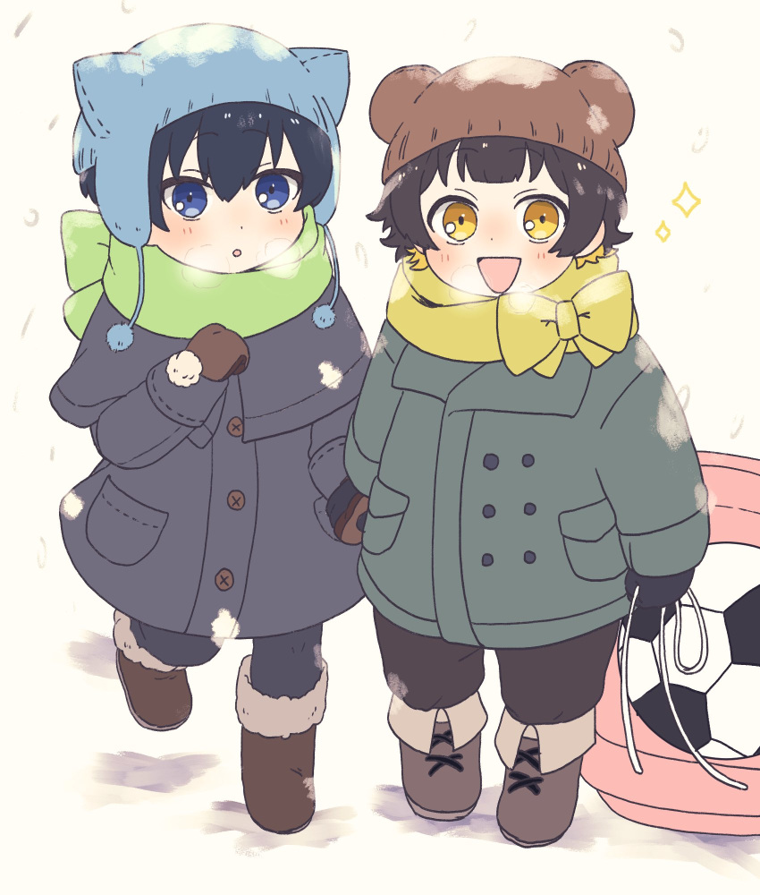 2boys 3a9uy aged_down alternate_costume animal_ear_headwear animal_ears bachira_meguru ball bangs bear_ears black_coat black_hair black_pants blonde_hair blue_eyes blue_headwear blue_lock blush boots bow breath brown_footwear brown_gloves brown_headwear buttons cat_ears child coat commentary_request fake_animal_ears full_body gloves green_coat green_scarf hair_between_eyes hat highres holding holding_hands isagi_yoichi long_sleeves looking_at_viewer male_child male_focus multiple_boys open_mouth pants pants_tucked_in scarf short_hair simple_background smile soccer_ball standing white_background winter_clothes yellow_eyes yellow_scarf