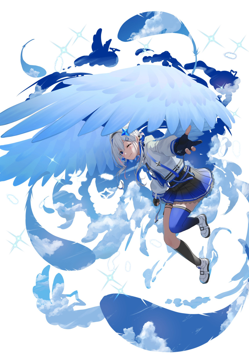 1girl absurdres amane_kanata angel angel_wings beret blue_hair cloud colored_inner_hair feathers full_body gloves grey_hair hair_ornament hairclip hat highres hololive hood hoodie looking_at_viewer multicolored_hair one_eye_closed outstretched_arm partially_fingerless_gloves purple_eyes shima6644 single_thighhigh smile solo thigh_strap thighhighs virtual_youtuber white_background wings