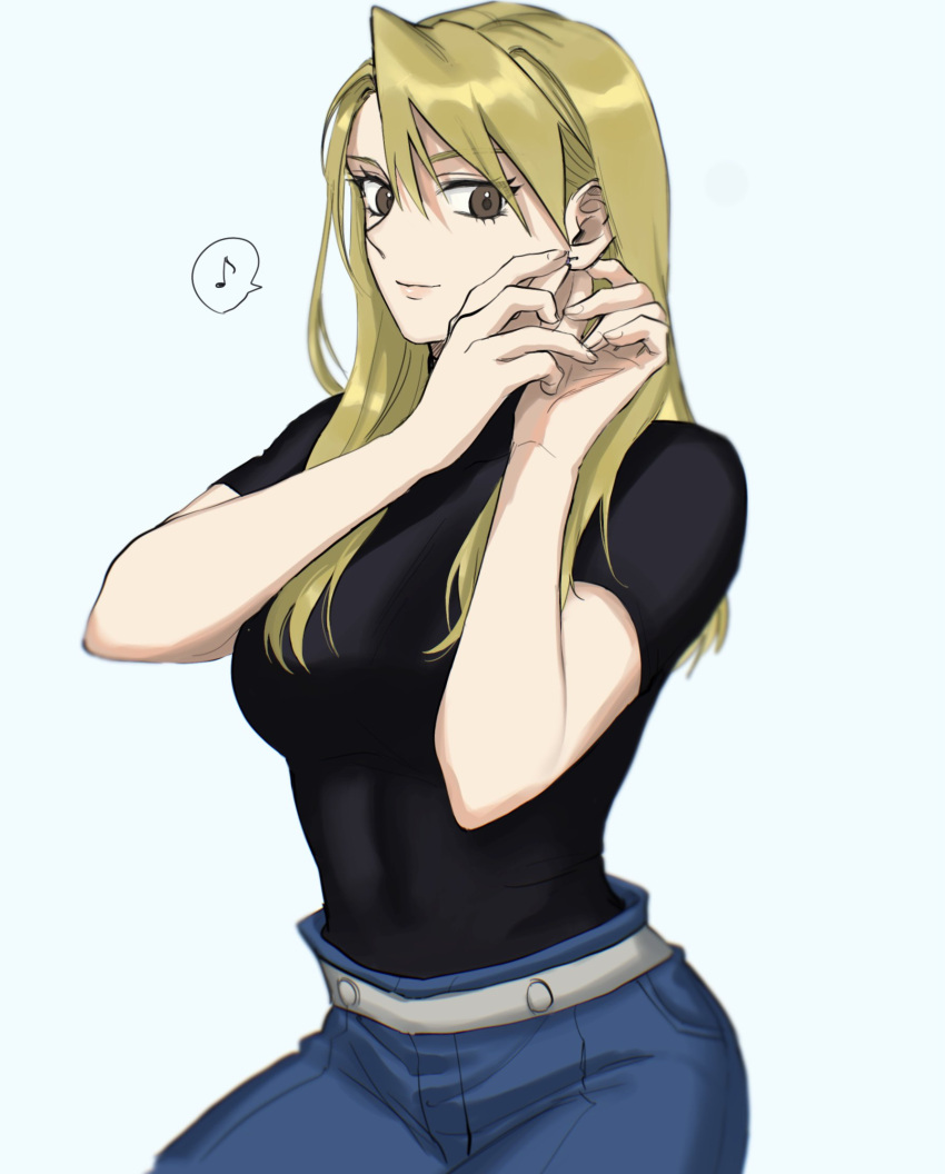 1girl adjusting_earrings bangs black_shirt blonde_hair breasts brown_eyes closed_mouth commentary_request earrings fullmetal_alchemist highres jewelry long_hair military military_uniform musical_note ozaki_(tsukiko3) riza_hawkeye shirt smile solo speech_bubble spoken_musical_note uniform white_background