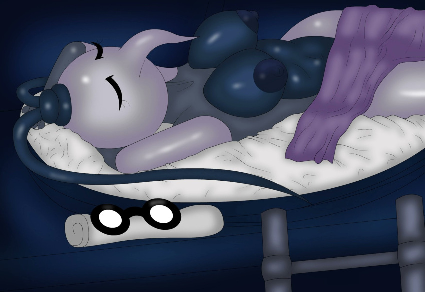 2022 anthro arthropod bed blue_nipples breasts cornifer_(hollow_knight) crossgender eyewear female furniture glasses hi_res hollow_knight humanoid insect magalnik nipples nude sleeping solo tagme team_cherry video_games