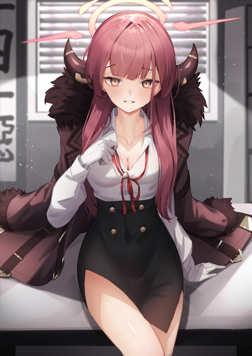 1girl absurdres arm_support aru_(blue_archive) bangs belt black_skirt blue_archive blush breasts brown_coat brown_eyes buckle buttons cleavage coat coat_on_shoulders collarbone cowboy_shot demon_horns e_buki fur-trimmed_coat fur_trim gloves halo high-waist_skirt highres horns indoors long_hair long_sleeves looking_at_viewer medium_breasts neck_ribbon parted_lips raised_eyebrows red_hair red_ribbon ribbon shirt shirt_tucked_in side_slit sidelocks sitting skirt smile solo thighs white_gloves white_shirt