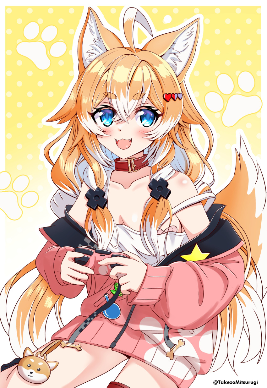 1girl absurdres ahoge animal_ear_fluff animal_ears animal_hood black_thighhighs blue_eyes blush breasts brown_hair cleavage collar controller dog_ears dog_girl dog_hood dog_tail english_commentary game_controller grey_shorts hair_ornament heart heart_hair_ornament highres hood hood_down hoodie idol_corp long_hair looking_at_viewer medium_breasts multicolored_hair open_mouth pink_hood pochi_wanmaru red_collar shirt short_shorts shorts single_thighhigh tail takezomitsurugi thigh_strap thighhighs two-tone_hair virtual_youtuber white_hair white_shirt