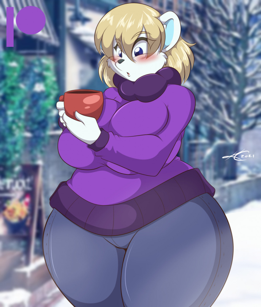 anthro bear beverage big_breasts blonde_hair bottomwear breasts candy chocolate clothing container cup dessert female food hair hi_res hot_chocolate mammal mastergodai pants polar_bear solo sweater topwear ursine