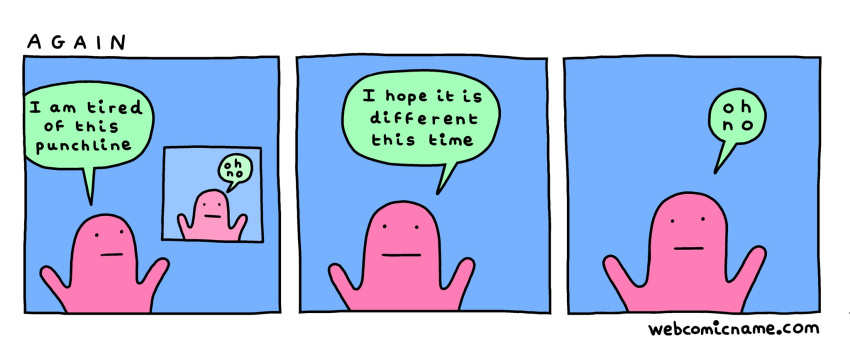 ambiguous_species comic dorrismccomics hi_res humanoid male oh_no pink_body raised_arm simple_background simple_face solo speech_bubble text window