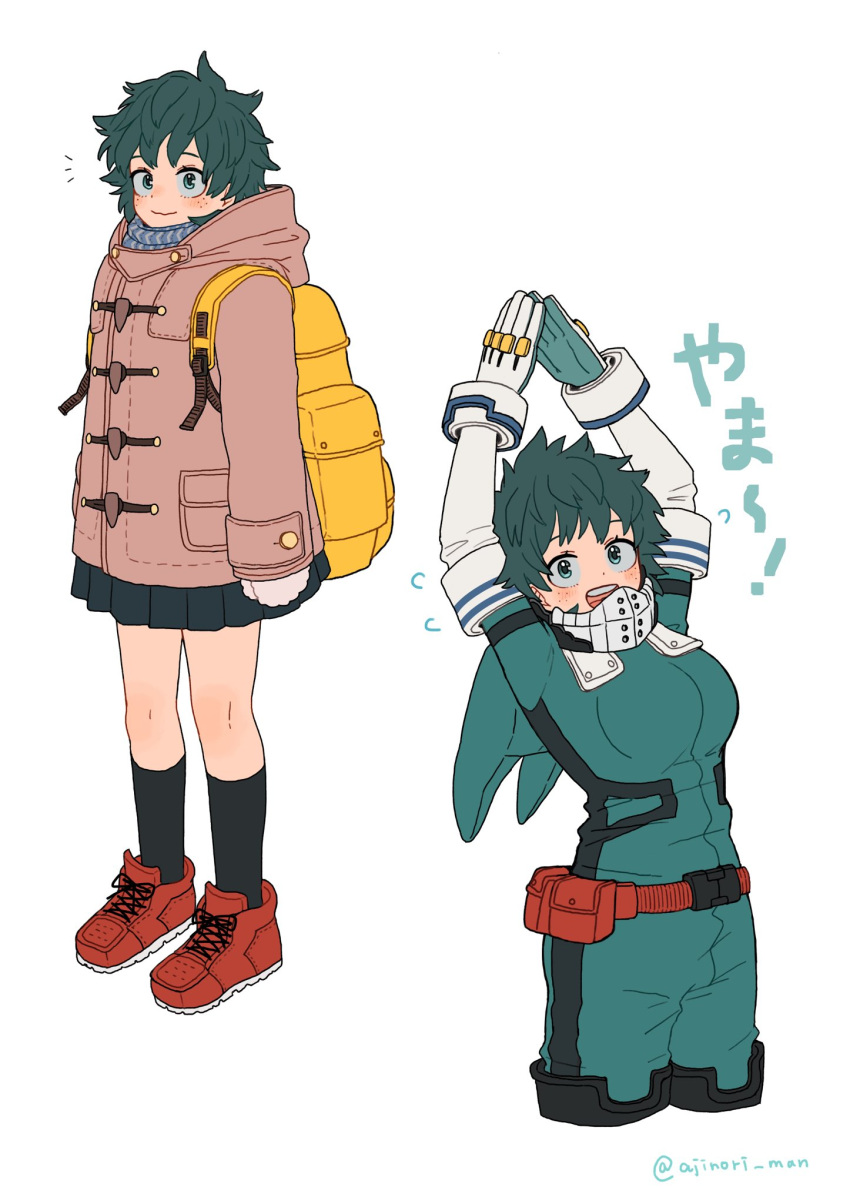 1girl arms_up backpack bag belt black_socks blush bodysuit boku_no_hero_academia breasts brown_coat closed_mouth coat commentary_request cowboy_shot cropped_legs freckles full_body genderswap genderswap_(mtf) gloves green_bodysuit green_eyes green_hair green_skirt highres hood hood_down hooded_bodysuit kaji_(artist) long_sleeves looking_at_viewer midoriya_izuku multiple_views open_mouth pleated_skirt red_belt red_footwear shoes short_hair simple_background skirt smile socks standing twitter_username white_background white_gloves yellow_bag