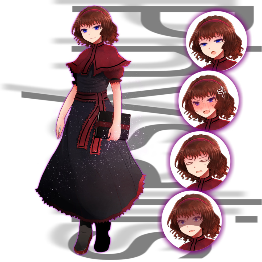 alice_margatroid anger_vein arano_oki black_dress black_footwear blue_eyes blush book brown_hair capelet character_name closed_mouth dress expressions full_body holding holding_book looking_at_viewer m.u.g.e.n open_mouth physalis_(mugen) red_capelet second-party_source shaded_face short_hair smile standing sweat tachi-e touhou white_background