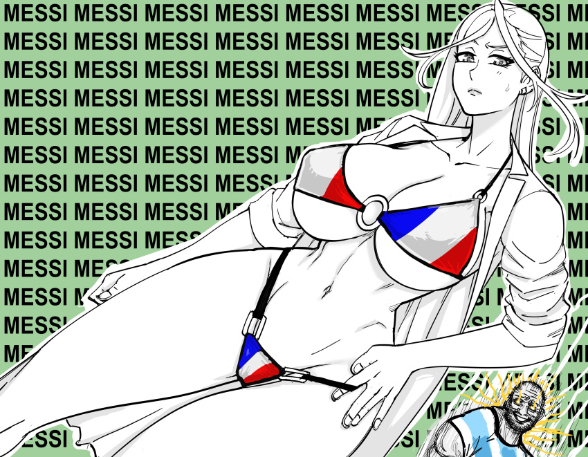 1boy 1girl absurdres argentina bb_(baalbuddy) bikini breasts closed_mouth collarbone covered_nipples english_commentary feet_out_of_frame french_flag_bikini hand_on_hip highleg highleg_bikini highres huge_breasts jewelry lips long_hair looking_at_viewer navel o-ring o-ring_bikini o-ring_top original partially_colored shirt standing stomach swimsuit underboob upper_body