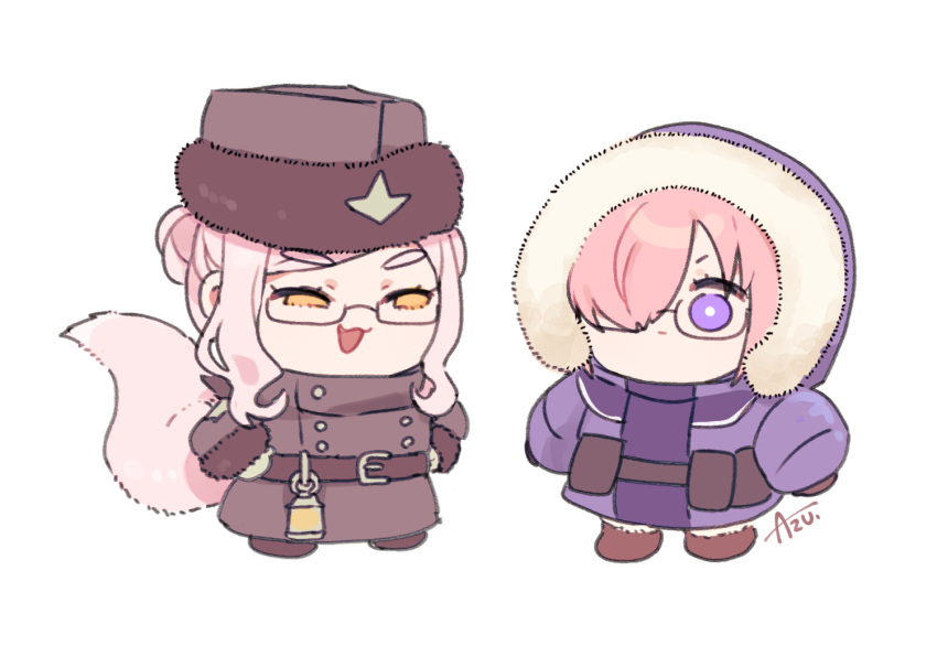 2girls :3 artist_name azu_(kirara310) belt brown_coat brown_footwear brown_headwear buttons chibi cloak closed_mouth coat commentary_request double-breasted double_bun fate/grand_order fate_(series) fox_tail fur-trimmed_coat fur-trimmed_headwear fur_trim glasses hair_bun hair_over_one_eye hands_on_hips hat hood hood_up hooded_cloak koyanskaya_(fate) koyanskaya_(russian_lostbelt_outfit)_(fate) long_sleeves mash_kyrielight multiple_girls official_alternate_costume one_eye_covered open_mouth pink_hair purple_coat purple_eyes shoes simple_background smile tail tamamo_(fate) thick_eyebrows white_background winter_clothes winter_coat yellow_eyes