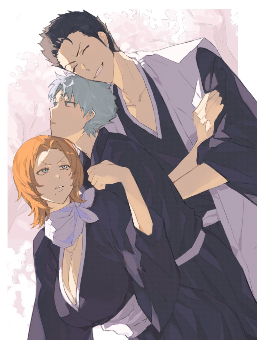 1girl 2boys aged_down alternate_hair_length alternate_hairstyle black_hair bleach bleach:_the_thousand-year_blood_war breasts cleavage closed_eyes collarbone crossed_arms grey_hair grin half-closed_eyes haori highres hitsugaya_toushirou japanese_clothes jewelry kurosaki_isshin large_breasts long_sleeves looking_at_another looking_up matsumoto_rangiku mole mole_under_mouth multiple_boys necklace no_aid open_mouth orange_hair smile spiked_hair taichou_haori teeth wide_sleeves