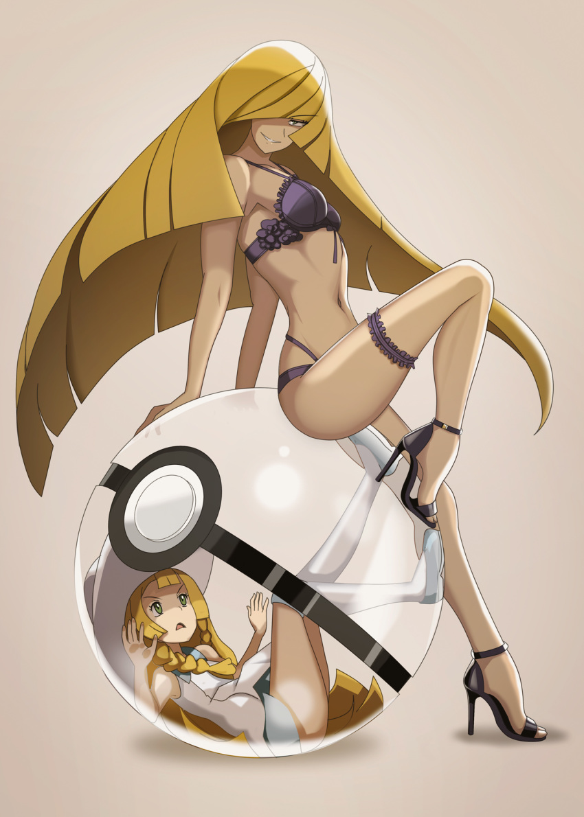 2girls angry blonde_hair full_body green_eyes grin hair_over_one_eye hat high_heels highres lillie_(pokemon) looking_at_viewer lusamine_(pokemon) lying multiple_girls poke_ball pokemon simple_background sitting smile smug thighhighs underwear vivivoovoo