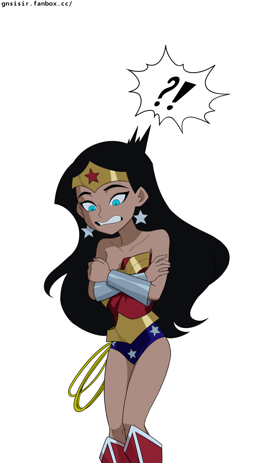 ! !? 1girl absurdres accidental_exposure aged_down bare_shoulders black_hair blue_eyes boots bracer breasts cleavage dc_comics earrings embarrassed female_child gnsisir highres jewelry lasso leotard long_hair solo spoken_exclamation_mark star_(symbol) superhero tiara toon_(style) wardrobe_malfunction wonder_woman