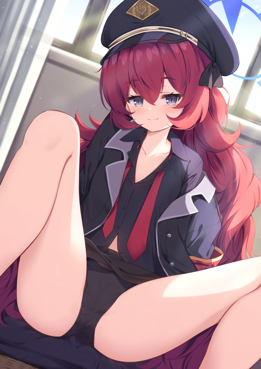 1girl armband black_eyes black_headwear black_jacket black_panties black_shirt black_skirt blue_archive blush cameltoe closed_mouth collarbone commission feet_out_of_frame halo hat highres indoors iroha_(blue_archive) jacket long_hair long_sleeves looking_at_viewer miso_(misomiso_154) necktie off_shoulder panties peaked_cap red_necktie shirt sitting skeb_commission skirt smile solo spread_legs sunlight thighs underwear very_long_hair window