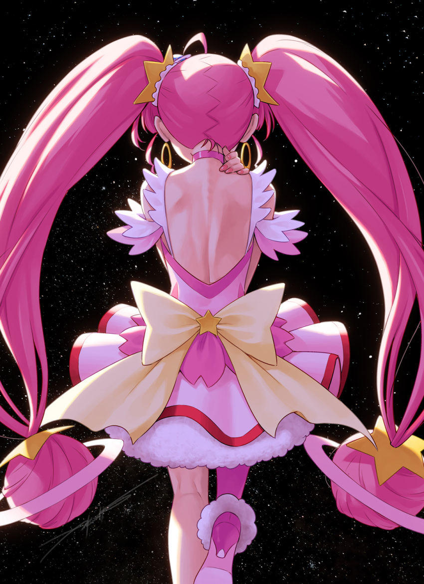 1girl back bare_back boots choker cure_star dress high_heels highres hoshina_hikaru huge_bow kazuma_muramasa magical_girl pink_choker pink_dress pink_thighhighs planet_hair_ornament precure ribbon single_thighhigh sky solo star_(sky) star_(symbol) star_choker star_twinkle_precure starry_sky thighhighs