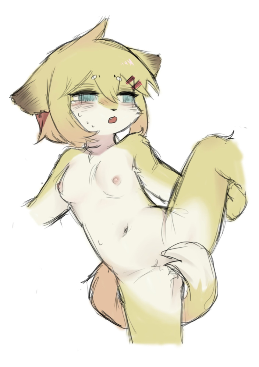 2021 accessory anthro blonde_hair blush bodily_fluids breasts convenient_censorship covering covering_crotch crayon_(artist) cute_fangs felid female fur green_eyes hair hair_accessory hairclip hairclips_oc_(crayon) hi_res kemono looking_aside mammal navel nipples nude on_one_leg open_mouth raised_leg simple_background sketch small_breasts solo standing sweat tail_censorship white_background yellow_body yellow_fur