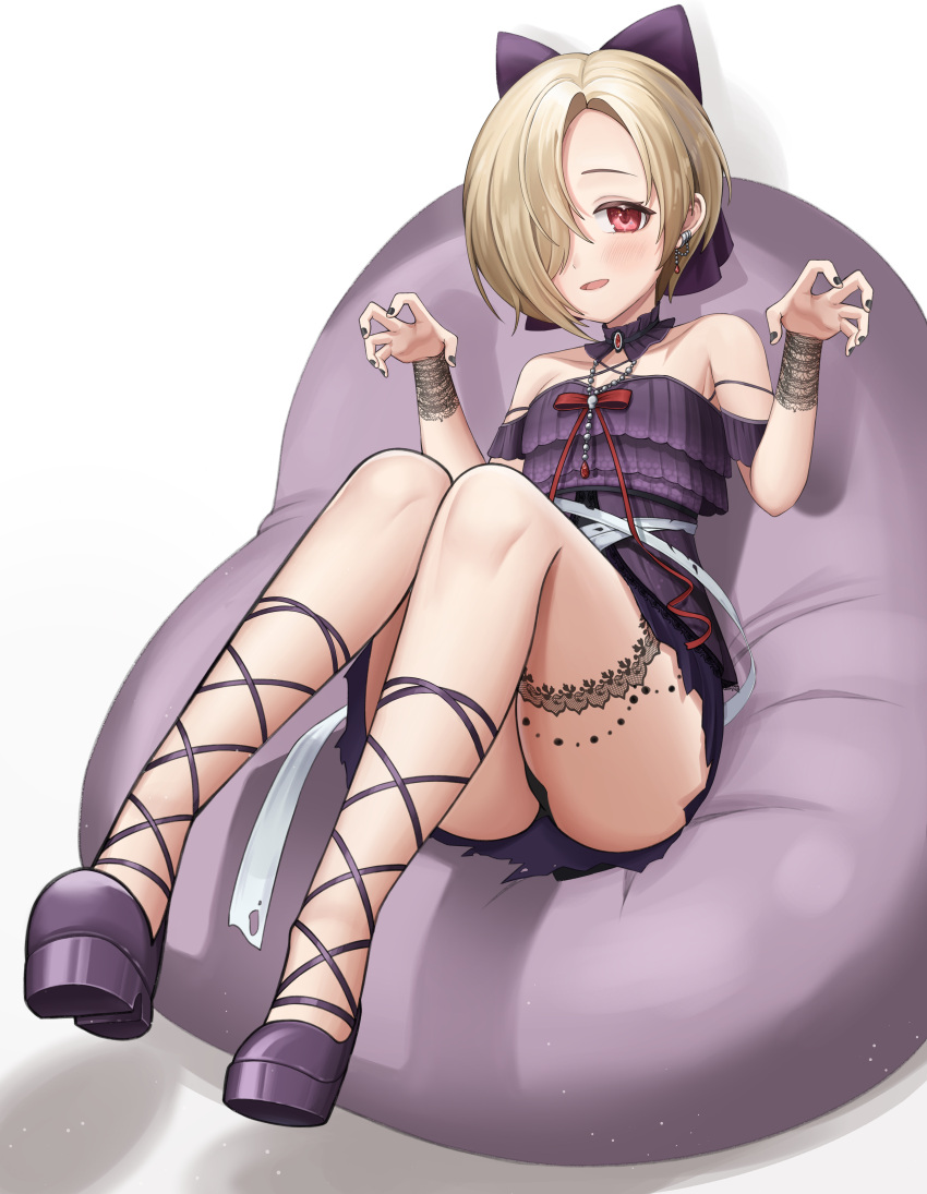 1girl absurdres bangs blonde_hair blush bow claw_pose cross-laced_clothes cross-laced_legwear detached_collar dress hair_bow hair_over_one_eye highres idolmaster idolmaster_cinderella_girls idolmaster_cinderella_girls_starlight_stage jewelry kaho_oco looking_at_viewer nail_polish necklace open_mouth red_eyes shirasaka_koume short_hair sitting smile strapless strapless_dress thigh_strap wrist_cuffs
