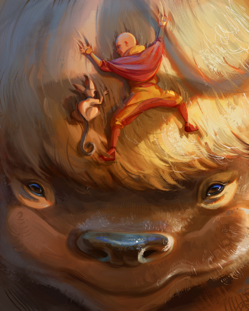 1boy aang animal appa arrow_(symbol) avatar:_the_last_airbender avatar_legends bald bison crying devin_elle_kurtz english_commentary highres hug looking_at_viewer male_focus momo_(avatar) smile solo tattoo