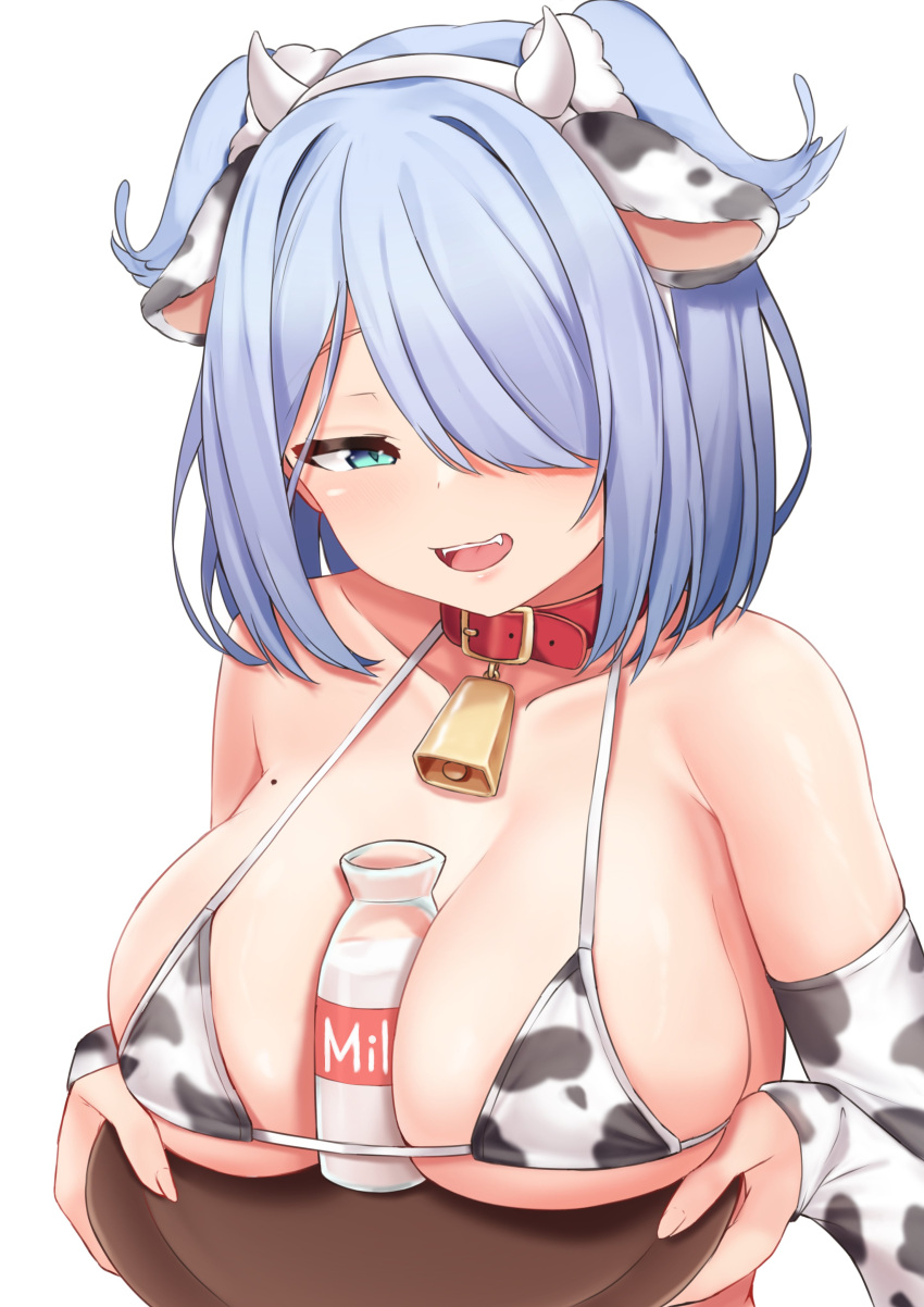 1girl absurdres animal_ears animal_print aqua_eyes bare_shoulders bell belt_collar between_breasts bikini blue_hair bottle breast_lift breast_rest breasts cleavage collar collarbone cow_ears cow_horns cow_print elira_pendora fake_animal_ears fake_horns fangs hair_over_one_eye head_wings highres horns large_breasts medium_hair micro_bikini milk_bottle mole mole_on_breast neck_bell nijisanji nijisanji_en open_mouth simple_background sleepypudding smile solo swimsuit tray upper_body virtual_youtuber white_background