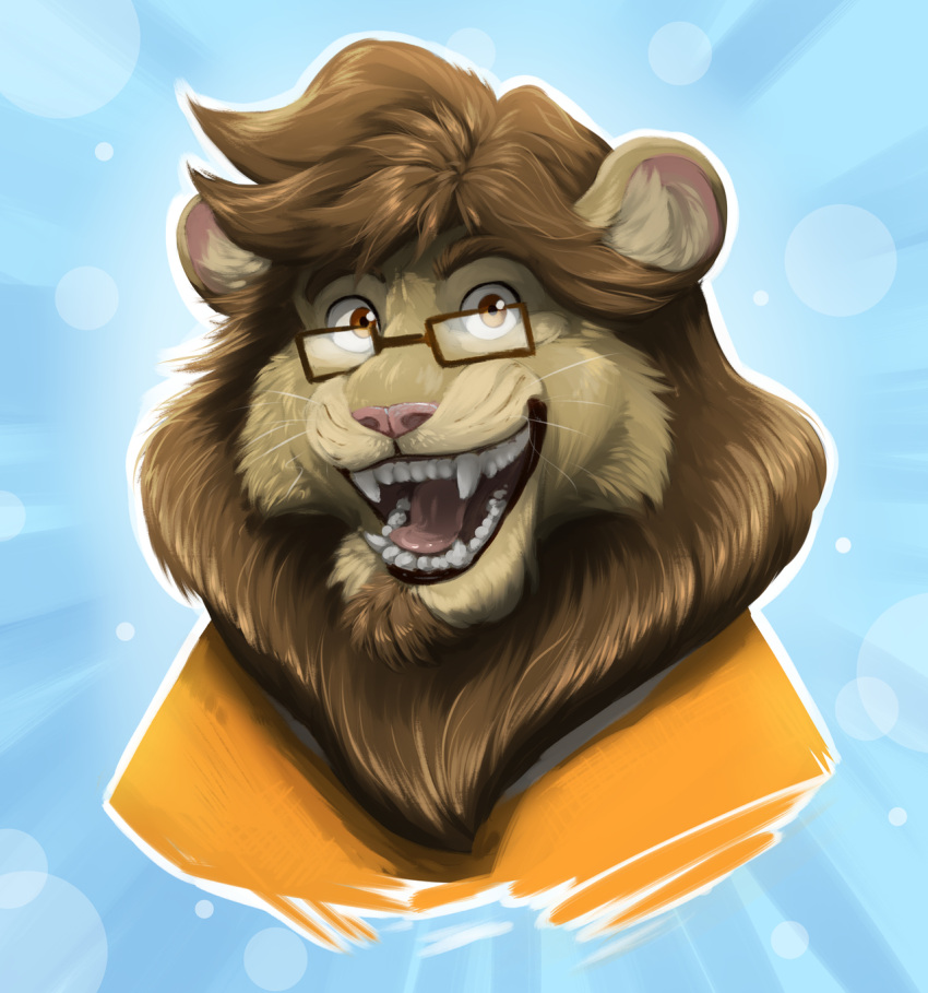 anthro artybsmarty black_lips blue_background brown_eyes brown_hair eyewear facial_hair felid glasses goatee hair hi_res lion lips looking_at_viewer male mammal mane open_mouth pantherine saberspark saberspark_(character) sharp_teeth simple_background solo teeth tongue