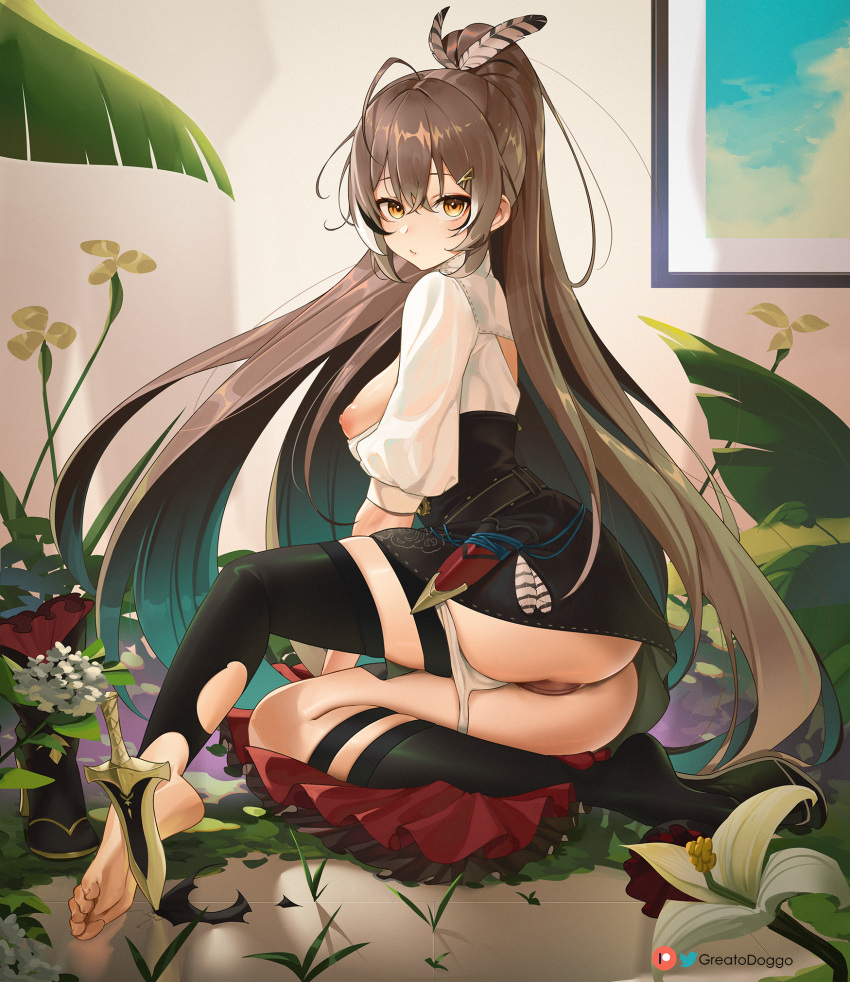 1girl ass bangs barefoot boots boots_removed breasts brown_eyes brown_hair closed_mouth dagger feather_hair_ornament feathers flower full_body greatodoggo hair_between_eyes hair_ornament high-waist_skirt highres hololive hololive_english indoors kneehighs knife large_breasts leaf long_hair long_sleeves looking_at_viewer nanashi_mumei nipples no_bra no_shoes panties panty_pull plant planted ponytail puffy_long_sleeves puffy_sleeves pussy shirt single_kneehigh single_sock single_thighhigh sitting skirt socks solo thighhighs torn_clothes torn_thighhighs underwear very_long_hair virtual_youtuber weapon white_flower white_shirt