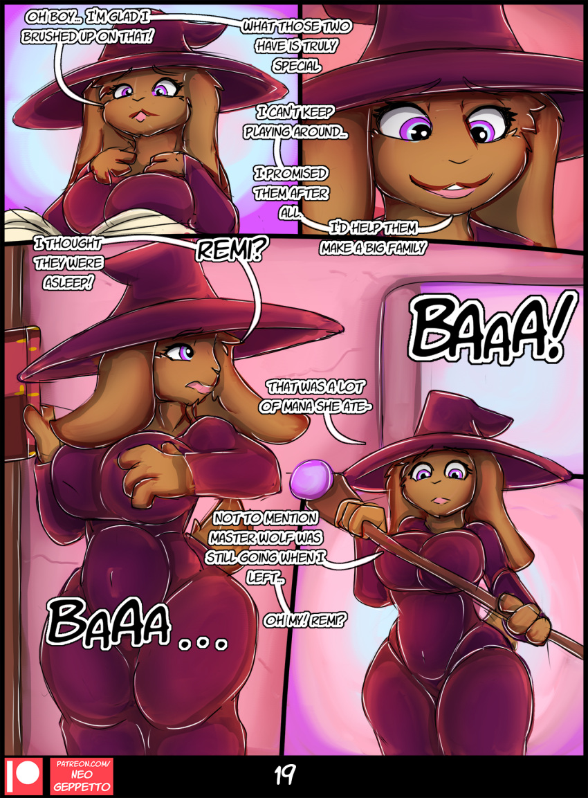 anthro big_breasts book breasts clothed clothing comic fur furry hat headgear headwear hi_res lagomorph leporid lewd_(disambiguation) magic magic_staff mammal neo_geppetto nipple_outline nsfw purple_clothing rabbit reading red_body red_fur renae_(neo_geppetto) solo wizard_hat