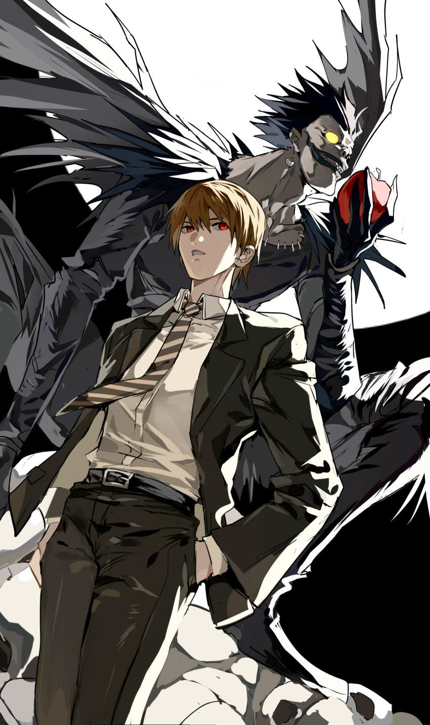 2boys absurdres apple belt black_belt black_hair black_jacket black_lips black_pants brown_hair collared_shirt cowboy_shot death_note food fruit grin hair_between_eyes hand_in_pocket highres holding holding_food holding_fruit jacket long_sleeves male_focus multiple_boys necktie pale_skin pants parted_lips red_apple red_eyes ryuk sharp_teeth shinigami shirt short_hair smile striped_necktie suit_jacket teeth white_background white_shirt xi_luo_an_ya yagami_light yellow_eyes